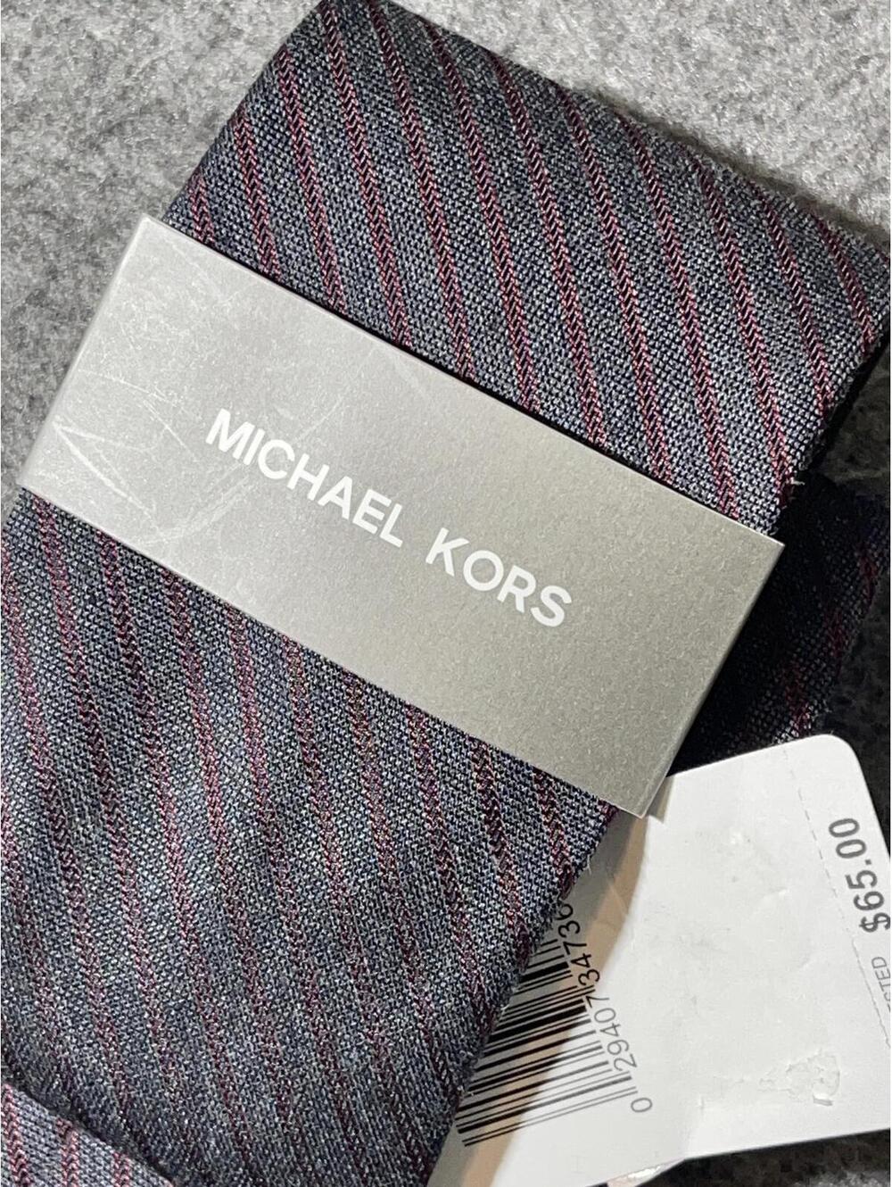 New With Tags Michael Kors Fine Striped Melange Silk Tie Navy and Burgundy